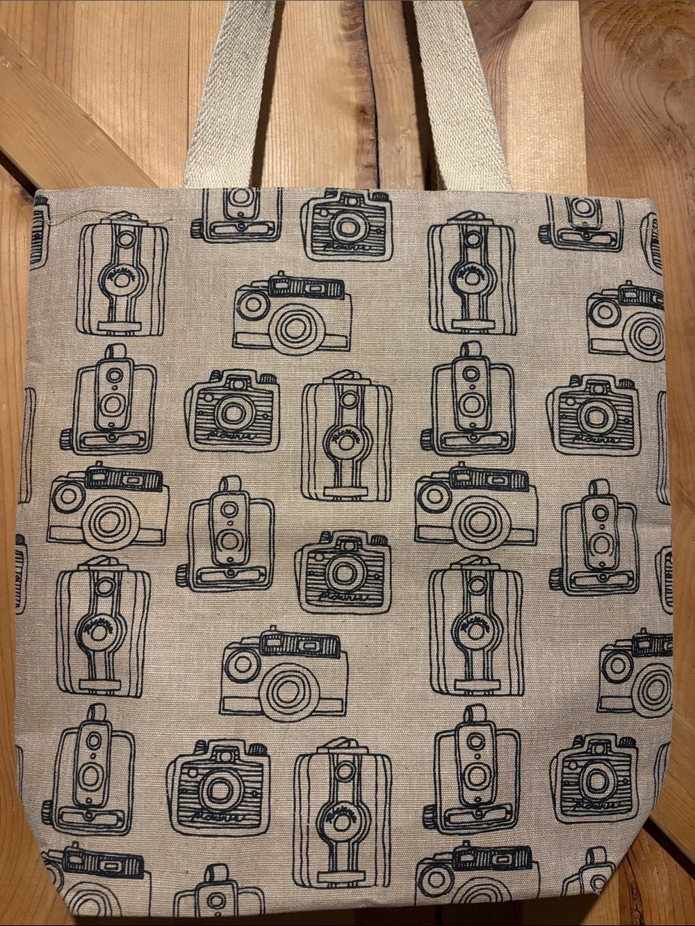 Retro Camera Print Canvas Tote in Beige and Black